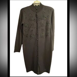 VTG Liz Claiborne Embellished Wool Blend Black Cardigan Dress Button Front Sz M